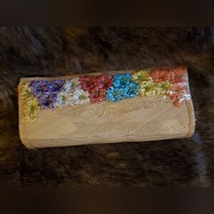 Floral Embroidered Tan Clutch